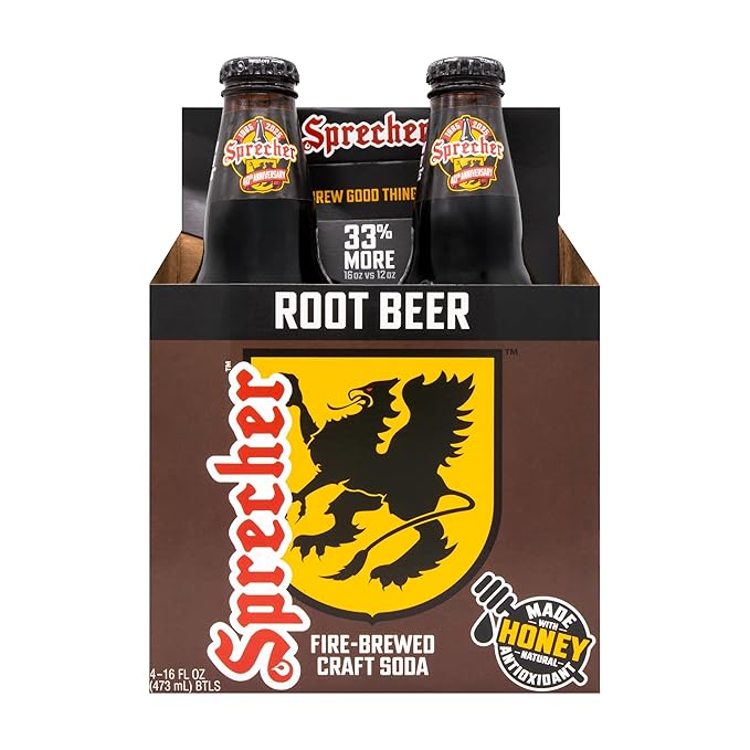 Sprecher Root Beer in 16 fl oz Glass Bottles (12 Pack) Fire-Brewed Craft Soda with Real Honey Gourmet Handcrafted Soft Drink