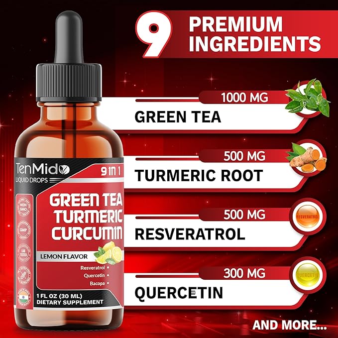 Green Tea Extract Liquid Drops - 9in1 with Turmeric Curcumin Resveratrol Quercetin Bacopa Panax Ginseng L-Theanine Pomegranate and Black Pepper - 30ml 1 Fl Oz