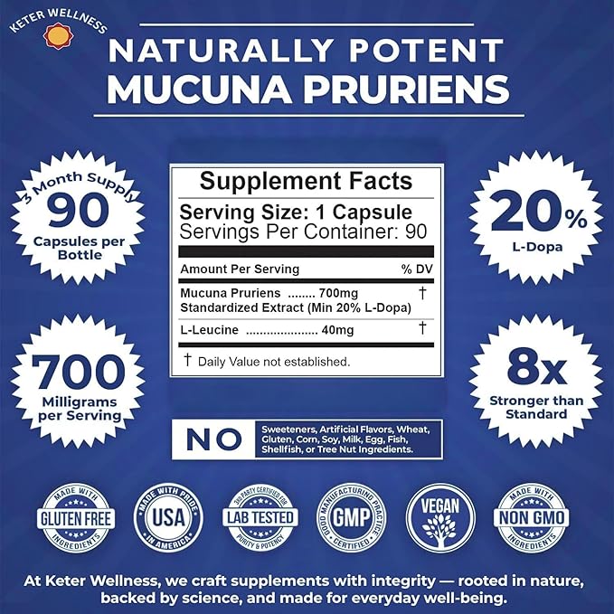 Mucuna Pruriens 20% L-Dopa – Standardized Velvet Bean Extract for Natural Dopamine Focus &amp Mood Support – Pure 8:1 Concentrated Herbal Supplement – Vegan Non-GMO 90 Capsules