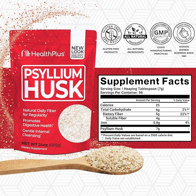 Health Plus Psyllium Husk 24 oz 96 Servings - Natural Detox Daily Dietary Fiber Supplement Constipation Relief Gentle Gut Cleanse Keto Baking