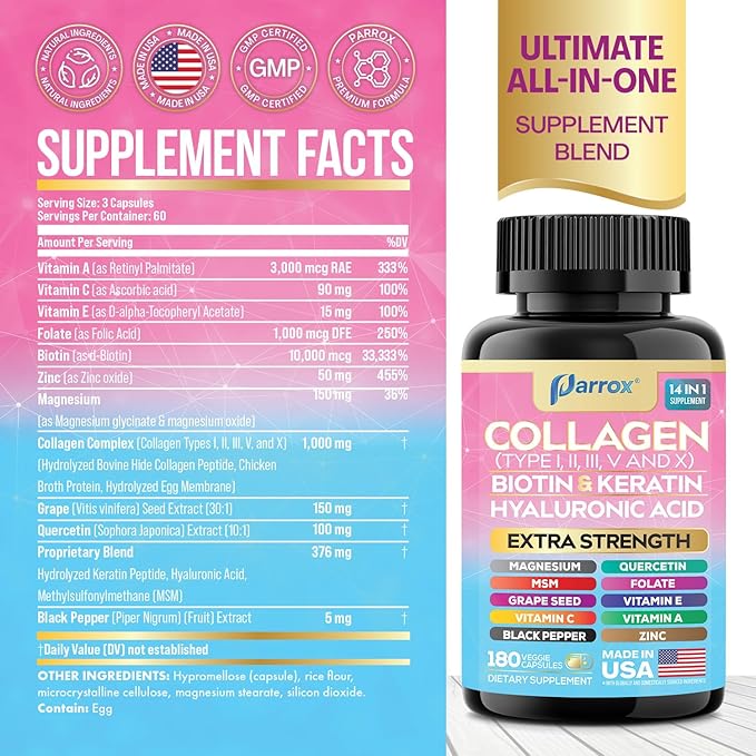 Collagen Peptides Types I II III V &amp X MCG Biotin Keratin Hyaluronic Acid MSM Zinc Grape Seed Extract Quercetin Vitamin A Vitamin C Vitamin E Magnesium Folic Acid (180 Capsules)