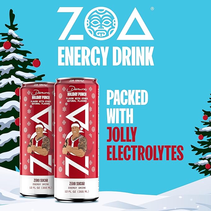 ZOA Zero Sugar Energy Drinks Dwanta's Holiday Punch - Sugar Free with Electrolytes Healthy Vitamin C Amino Acids Essential B-Vitamins and Caffeine from Green Tea - 12 Fl Oz (12-Pack)