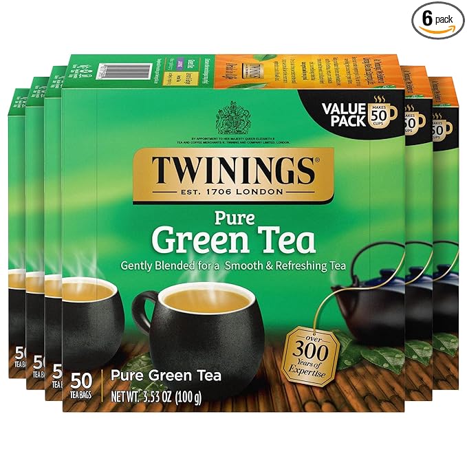 Twinings Pure Green Tea Individually Wrapped Bags 50 Count (Pack of 6) Smooth Flavour Enticing Aroma Caffeinated Enjoy Hot or Iced 300 Teabags