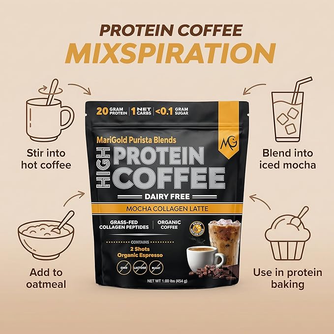 MariGold High Protein Collagen Coffee - Mocha Collagen Latte Dairy Free 20g Grass-Fed Type I &amp III Collagen Peptides Energy Boost 2 Shots Organic Espresso Non-GMO 1 Lb Bag 15 Servings