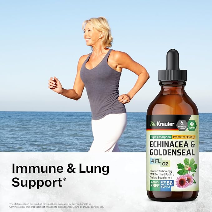 BIO KRAUTER® Echinacea Goldenseal for Immune &amp Respiratory Support - Pure Vegan Echinacea Drops with Goldenseal - Natural Respiratory Supplements 4 Fl.Oz 56-Day Supply - Alcohol &amp Sugar Free