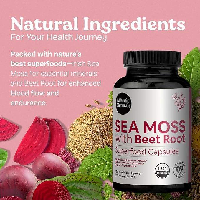Atlantic Naturals Sea Moss with Beet Root Capsules - Premium Quality Multivitamin Supplement - Sea Moss Superfood to Support Immune Health Blood Flow Joint Health &amp Athletic Performance - 120 ct