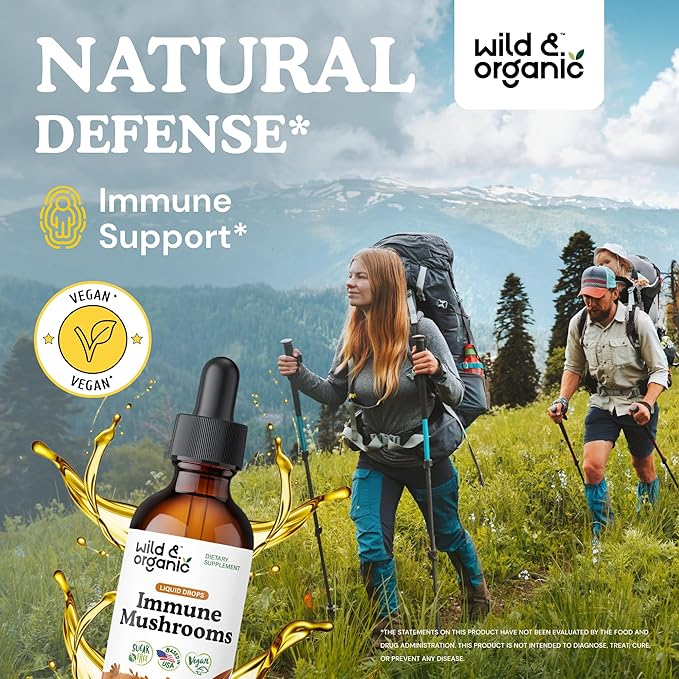 Wild &amp Organic Immune Mushrooms Tincture - 8-in-1 Mushroom Complex with Chaga Turkey Tail Lion's Mane Reishi Extract - Immune Support Drops - Vegan Sugar &amp Alcohol-Free Liquid Supplement -
