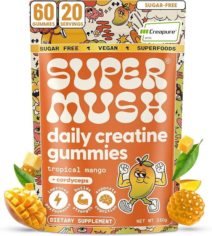 SuperMush Daily Creatine Gummies with Cordyceps - Daily Superfood - Sugar Free Creatine Monohydrate Supplement for Strength Focus and Recovery – Vegan Gummy Formula Mango Flavor 20-Day Supply
