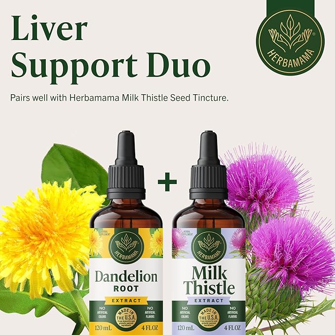 HERBAMAMA Dandelion Drops - Vegan Liver Cleanse with Dandelion Root Extract - Non-GMO Alcohol &amp Sugar-Free Liquid Liver Support Supplement - 56-Day Supply