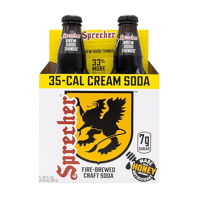 Sprecher Low Calorie Cream Soda in 16 fl oz Glass Bottles (12 Pack) Fire Brewed Craft Cream Soda with Real Honey Naturally Flavored Gourmet Soft Drink