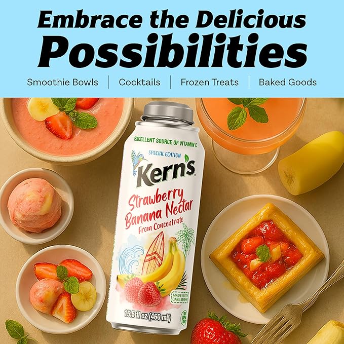 Kern’s Strawberry Banana Nectar Lata Botella - Fresh Fruit Puree &amp Tropical Fruit Juice Concentrate for Smoothie Mix Cocktail Mixers &amp Kids Beverages - 15.5oz 12 Pack Resealable Juice Bottle
