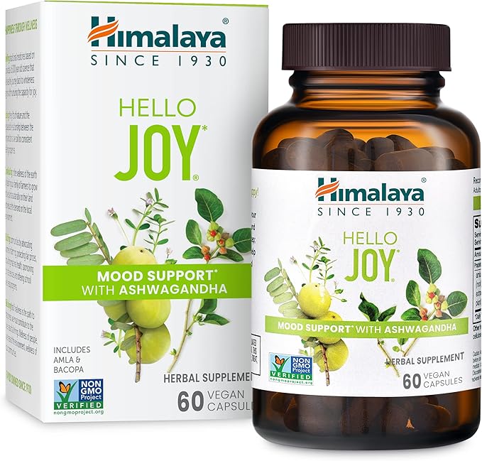 Himalaya Hello Joy Herbal Supplement with Ashwagandha Amla Bacopa Holy Basil/Tulsi Positive Outlook Supports Motivation Stress Relief Balanced Cortisol Non-GMO Vegan 60 Capsules