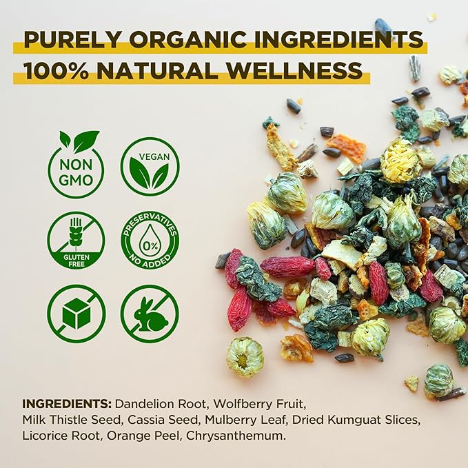 Aromlife Natural Dandelion Wolfberry Tea 5 Pack Herbal Blend with Goji Berry Dandelion Root Milk Thistle &amp Chrysanthemum Caffeine-Free Floral Citrus Herbal 21 Bags Per Pack