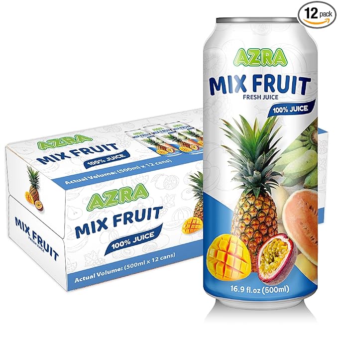 AZRA 100% Mix Fruit Juice – 500ml Canned Drinks Healthy Beverages Variety Pack – Zero Sugar Juice Fruit Punch for Kids and Adults – Bulk 100% Juice Pack 12 Count