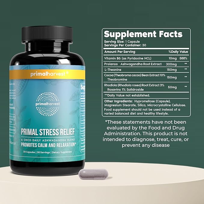 Primal Harvest Stress Relief Supplement for Women and Men Pure Ashwagandha Root Extract L-Theanine Supplements 60 Capsules