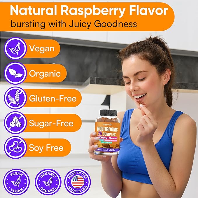 Mushroom Gummies for Adults 4000mg Brain Supplements for Memory and Focus 26 in 1 Mushroom Supplement Complex with Ashwagandha &amp Lion's Mane Turkey Tail Reishi Cordyceps Organic 120 Count
