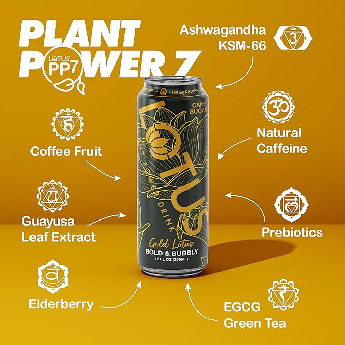 Gold Lotus Plant Power Drink™ | Pure Cane Sugar | 160 mg Natural Caffeine from Green Coffee Bean | Plant-Based Ingredients | 12 oz Cans | 12 Count
