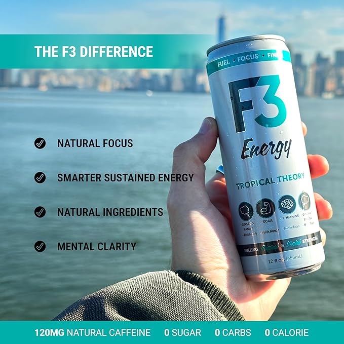 F3 Energy Tropical Theory Energy Drink - Muscle Building Sports Drinks w/BCAA Panax Ginseng &amp Ginkgo Biloba - Natural Energy Drinks for Mental Focus &amp Muscle Recovery 125 mg Caffeine (12 pac