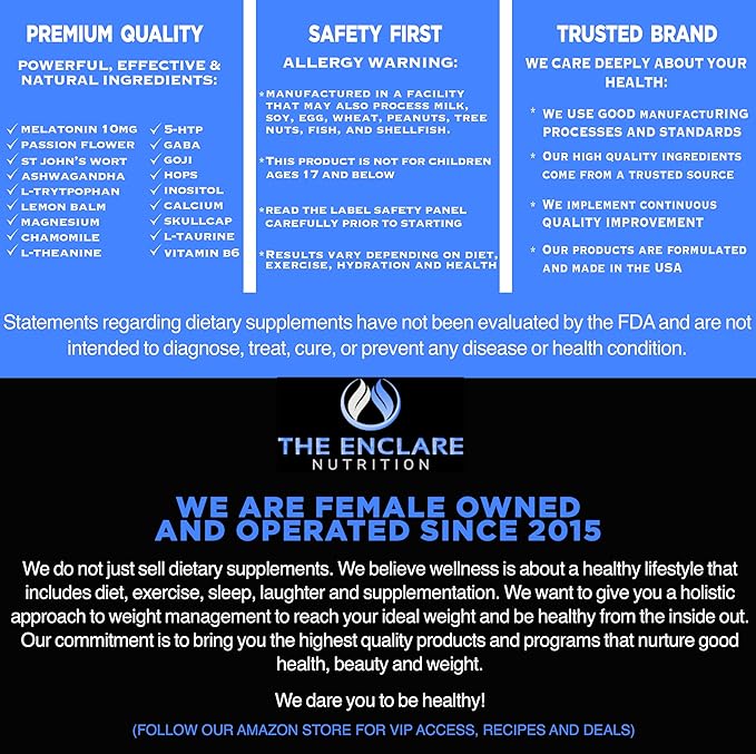 THE ENCLARE NUTRITION Melatonin 10mg Sleep Aid for Adults with Ashwagandha GABA 5HTP L Theanine Vitamin B6 Inositol Calcium Magnesium Natural Sleep Support Supplement Vegan 60ct. (1)