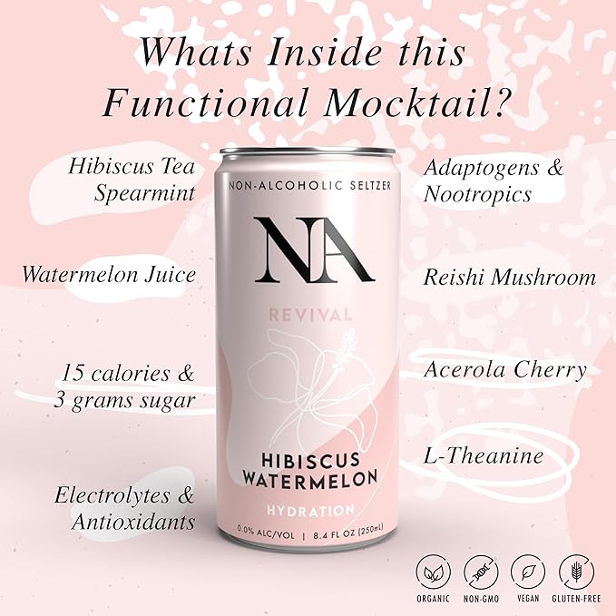 NA Functional Non-Alcoholic Drinks with Mushrooms &amp L-Theanine | Sea Salt for Hydration | Low Sugar Low Calorie Adaptogen Social Tonic Hibiscus Tea and Watermelon Mocktail 8.4oz Cans (12 Pack)