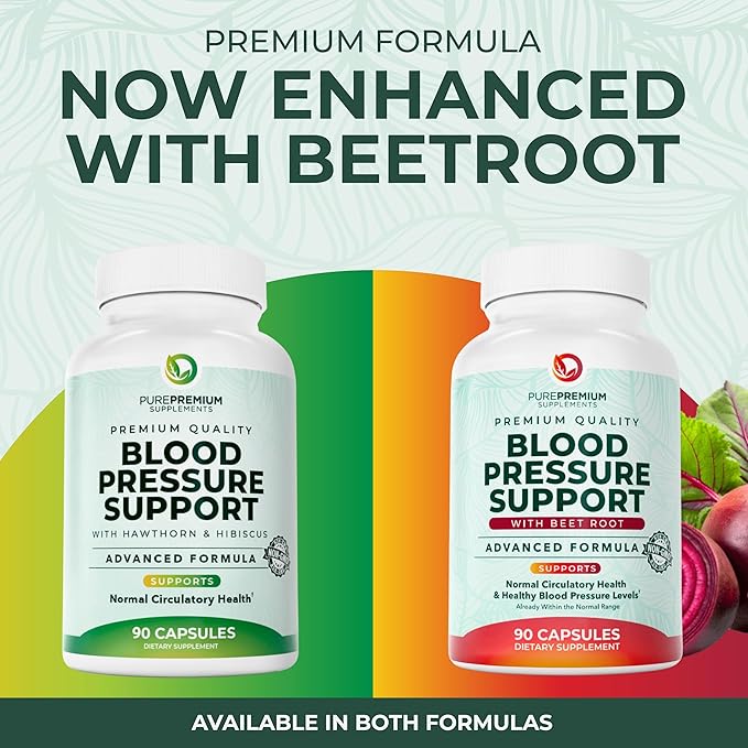 PurePremium Beet Root Capsules for Blood Pressure Support – 14-in-1 Formula with Beetroot Powder Hawthorn Hibiscus &amp Garlic for Normal Nitric Oxide Production &amp Heart Health – Non-GMO - 90ct