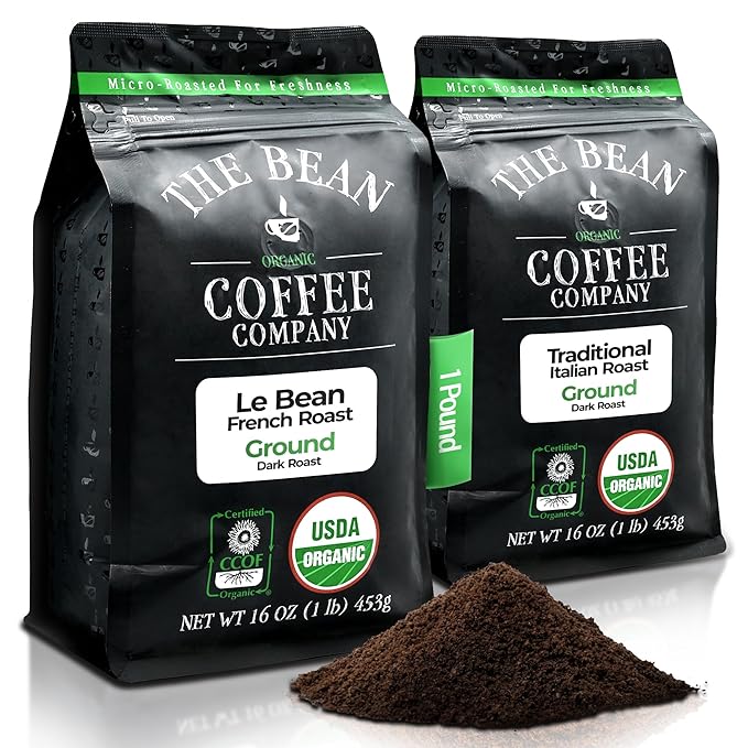 The Bean Organic Coffee Company Il Chicco (Traditional Italian Roast) and Le Bean Dark Roast Ground Coffee 16-Ounce Bag