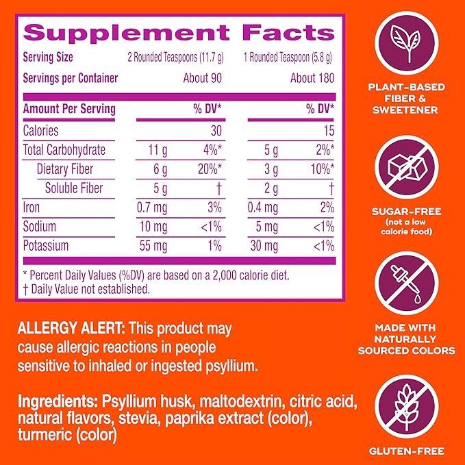 Metamucil Premium Blend 4-in-1 Fiber Supplement for Digestive Health Psyllium Husk Fiber Powder Sugar-Free with Stevia Plant-Based Fiber Supplement Orange Flavored 180 teaspoons (Pack of 4)
