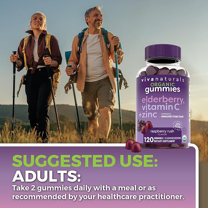 Viva Naturals Organic Sambucus Elderberry Gummies for Adults (120 Count) - 3in1 Black Elderberry Vitamin C and Zinc Immune Support Gummies Chewable Elderberry Supplements Zinc Immunity Gummies