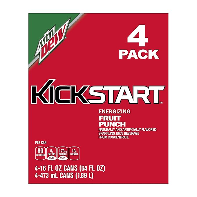 Mountain Dew Kickstart Sparkling Juice Beverage Fruit Punch 16 Ounce (Pack of 4)