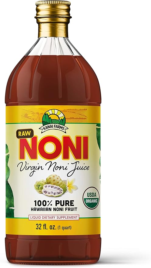 Virgin Noni Juice - RAW (Unpasteurized) 100% Pure Organic Hawaiian Noni Juice - 32oz Glass Bottle