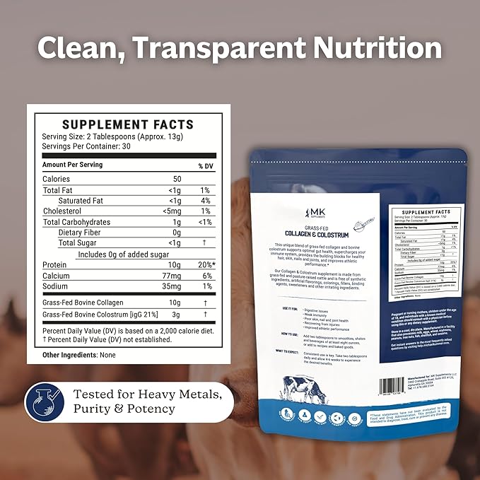 MK Supplements Collagen &amp Colostrum – Grass-Fed Bovine Collagen &amp Bovine Colostrum Powder – Skin Gut Joint &amp Immune Support – Keto Paleo Carnivore Friendly – No Additives
