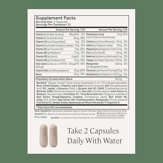 Stonehenge Health Dynamic Brain – BacoMind® Bacopa Nootropic Formula – Memory Recall &amp Retention Phosphatidylserine Huperzine A DHA &amp Choline – 40 Brain-Boosting Ingredients – Non-GMO 60