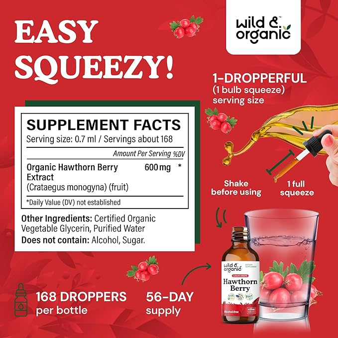 Wild &amp Organic Hawthorn Berry Tincture 600 mg - Liquid Hawthorne Berry Supplement for Overall Support - Vegan Sugar &amp Alcohol-Free Fruit Extract Drops - 4 fl oz