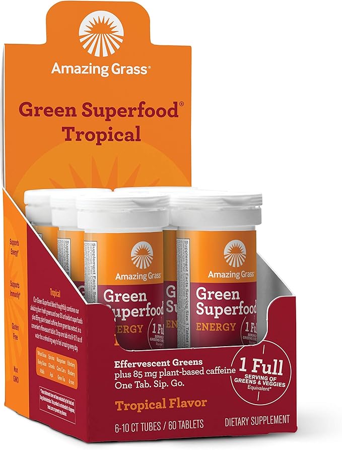 Amazing Grass Fizzy Green Tablets Energy Tropical: Greens + Green Tea Caffeine Water Flavoring Tablet with Antioxidants 60 Count