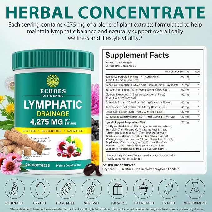 Lymphatic Drainage Supplements 4275mg Lymph System Support Supplement for Women &amp Men Daily Wellness Support 21-in-1 Herbal Blend with Echinacea Dandelion Burdock Turmeric &amp More 240 So