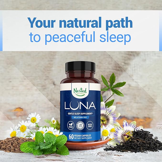 Nested Naturals Luna Sleep Supplement Melatonin Free Non-Habit Forming Herbal Sleep Supplement Adult Bedtime Support Help Sleeping w/Chamomile Valerian L-Theanine 60 Vegan Capsules
