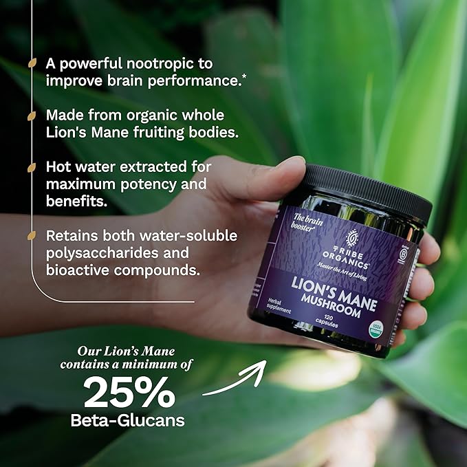 TRIBE ORGANICS Lion’s Mane Supplement 1000mg Mushroom Extract Powder - Immune System Booster &amp Brain Nootropic for Focus and Memory | Mental Clarity | Natural Energy and Immunity - 120 Vegan Capsu