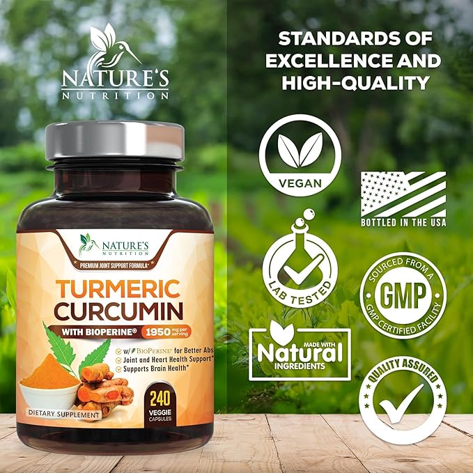 Turmeric Curcumin Supplement 95% Curcuminoids - 1800mg Organic Turmeric Per Serving - BioPerine Black Pepper Extract for Best Absorption Natural Joint Support Non-GMO Bottled in USA - 240 Capsules