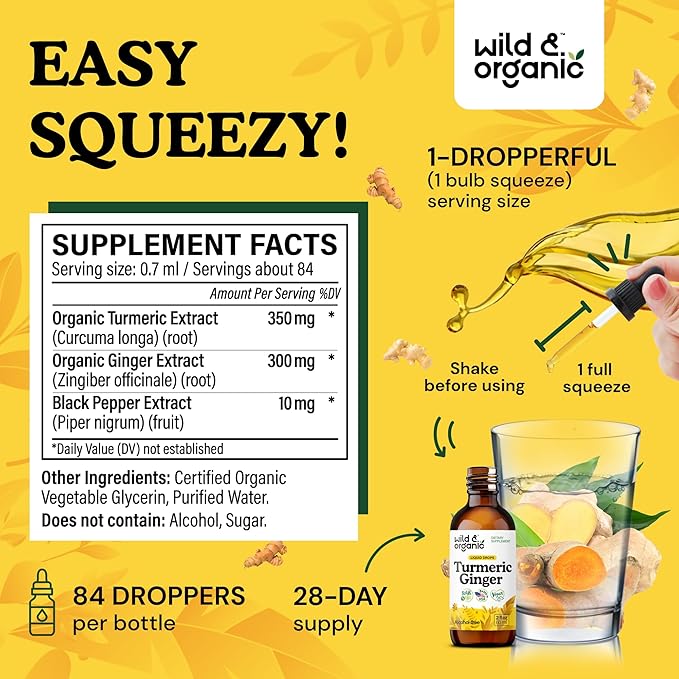 Wild &amp Organic Turmeric and Ginger Supplement Drops - Joint &amp Immune Support - Liquid Turmeric with Ginger and Black Pepper Extract - Curcumin Supplement - Vegan Sugar &amp Alcohol-Free Tinc