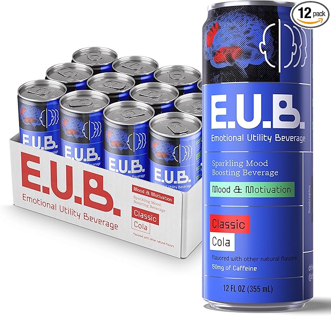 E.U.B. Classic Cola Sparkling Functional Beverage 12oz Can 50mg Caffeine 25 Calories with Nootropics &amp Adaptogens for Mood &amp Energy Support