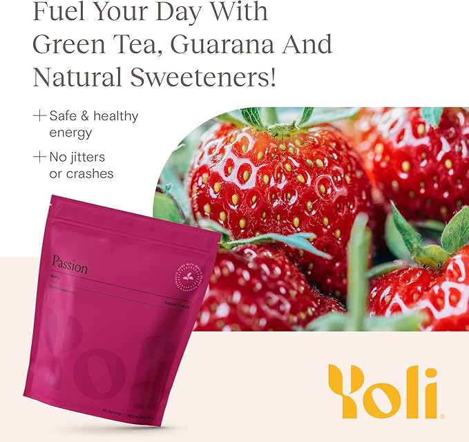 Yoli® Passion Energy Drink Powder Mix - Natural Energy Drink Mix for Endurance and Stamina Bulk 90 Servings - Berry
