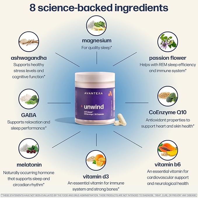 Avantera Unwind - Stress and Sleep Supplement for Adults - Support Healthy Stress Levels &amp Improve Sleep Efficiency - Magnesium Melatonin Ashwagandha &amp More - 56 Vegan Capsules