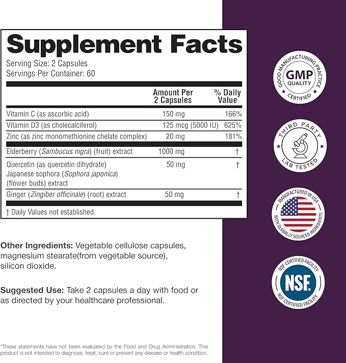 Elderberry Vitamin C and Zinc Capsules for Adults | 360 Count with Quercetin &amp Vitamin D3 | 6-in-1 Immune Support Supplement Pills | Sambucus Black Elderberry Natural Immunity Vitamins | Made in U