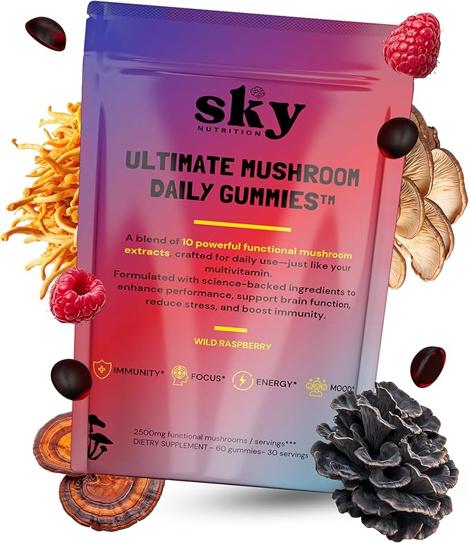 Mushroom Gummies for Adults - 10-in-1 Powerful Mushroom Complex w/Lions Mane Reishi Cordyceps Turkey Tail - for Mental Clarity Focus Immunity - Raspberry Flavored 60 Vegan Gummies