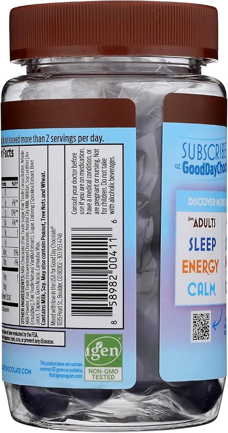 Good Day Chocolate Natural Calming Supplement for Adults Blend of Camomile Theanine Magnesium Fair Trade and Non-GMO Chocolate 80 Pieces