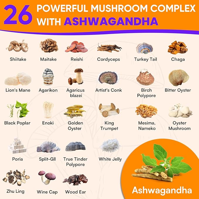 Mushroom Gummies for Adults 4000mg Brain Supplements for Memory and Focus 26 in 1 Mushroom Supplement Complex with Ashwagandha &amp Lion's Mane Turkey Tail Reishi Cordyceps Organic 120 Count