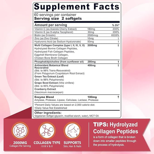 2 Pack Liposomal Collagen Peptides Pills for Women 2000mg Multi Hydrolyzed Collagen Type I II III V X with 2500mcg Biotin - Collagen Supplements Softgels with Hair Skin &amp Nails Vitamins 240