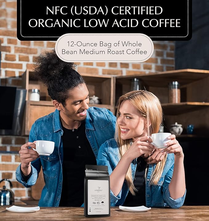 Lifeboost Whole Bean French Vanilla Coffee - Low Acid Single Origin Non-GMO Organic Coffee - Third Party Tested For Mycotoxins &amp Pesticides - 12 Ounces