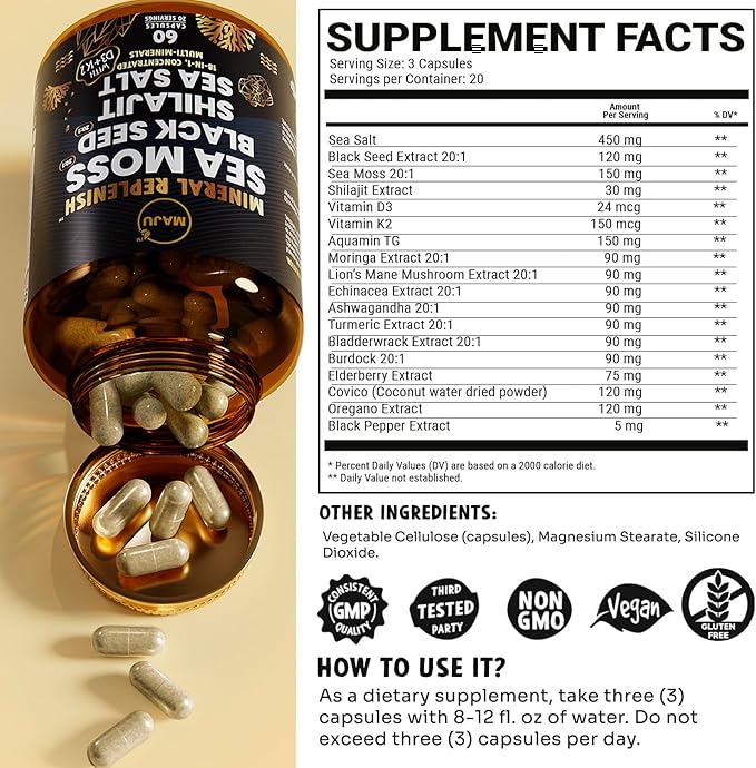 Maju Superfoods 18-in-1 Sea Moss Black Seed Shilajit Sea Salt + D3 &amp K2 Concentrated Extracts Trace Multi Mineral Capsules for Men &amp Women Mineral Electrolytes Supplements