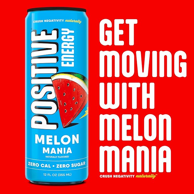 Positive Energy Beverage | Melon Mania | 12-oz Can Pack of 12 | Zero Sugar Energy Drink Supports Immunity and Hydration